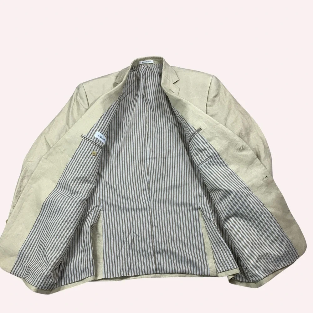 Calvin Klein Linen Blazer Mens 44R Beige 2 Button Vented Breathable Sport Coat